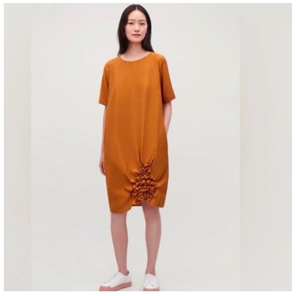 COS Rust Orange Short Sleeve Shift Dress with Rouched Detail Size 2 Minimalist
